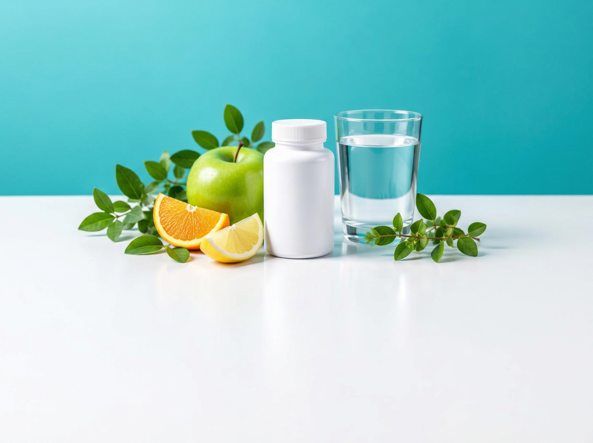 Vitaminas, frutas y agua para el bienestar diario